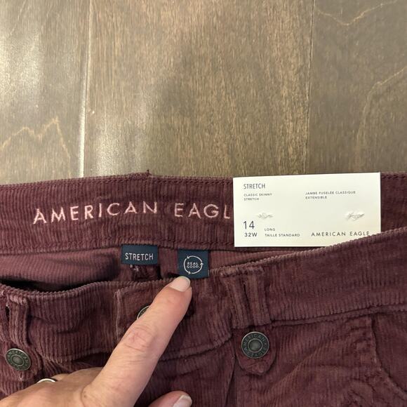 NWT American Eagle Pants Womens 14 Long Tall Burgundy Corduroy Stretch Skinny - Picture 2 of 16